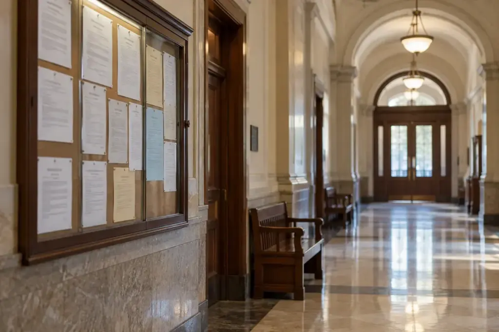 An empty courthouse corridor with a public noticeboard.