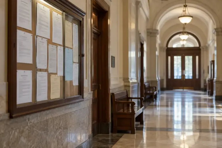 An empty courthouse corridor with a public noticeboard.