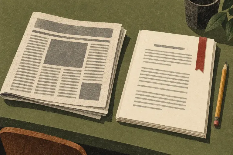 Conceptual illustration of a newspaper beside an original public document.