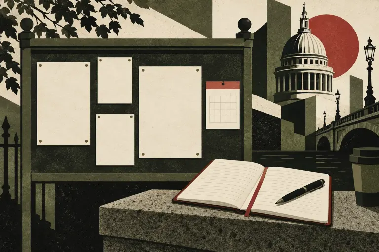 Fictional public noticeboard and reporter notebook in a paper collage.