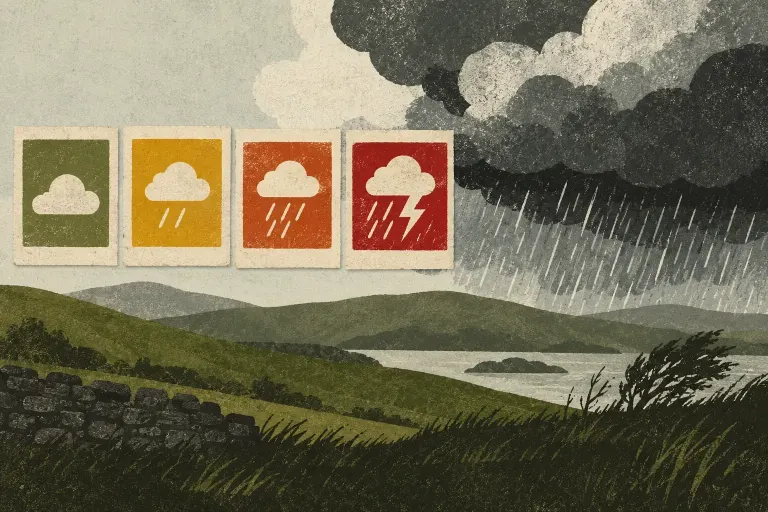 Conceptual weather collage; the coloured cards are decorative, not an official warning matrix.