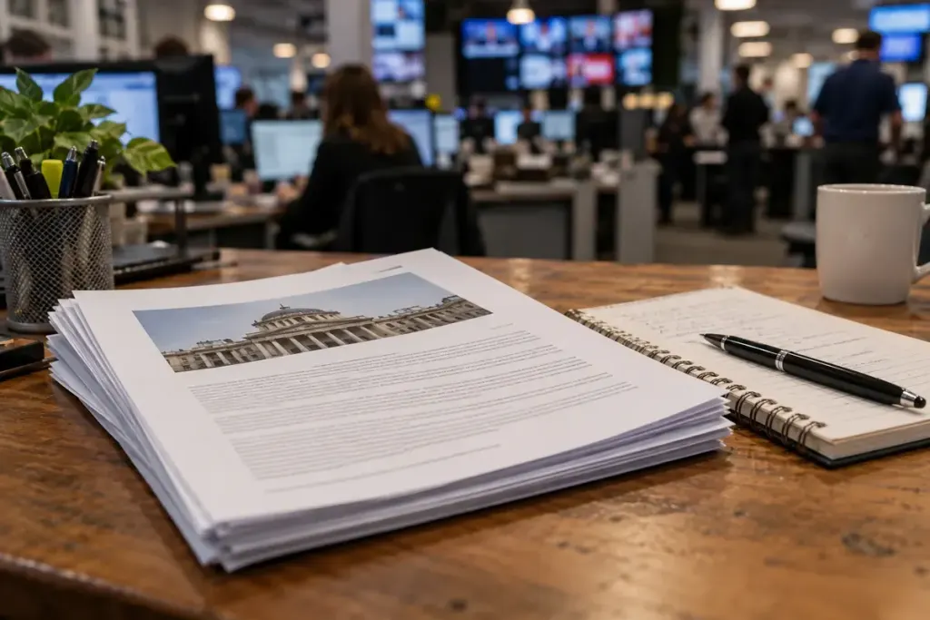 Printed documents and a notebook on a journalist's desk, without legible official text.